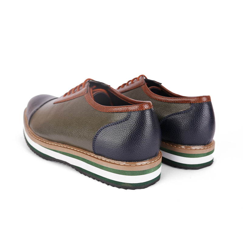 The Brat Army Men's Olive & Brown Grain-Textured Faux Leather Sneakers with Multicolor Sole