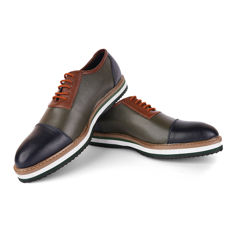 The Brat Army Men's Olive & Brown Grain-Textured Faux Leather Sneakers with Multicolor Sole