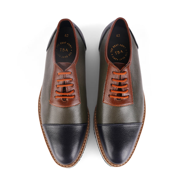 The Brat Army Men's Olive & Brown Grain-Textured Faux Leather Sneakers with Multicolor Sole