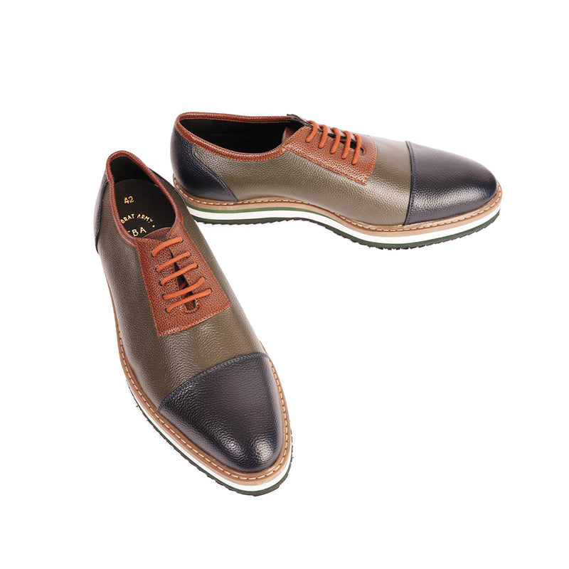 The Brat Army Men's Olive & Brown Grain-Textured Faux Leather Sneakers with Multicolor Sole
