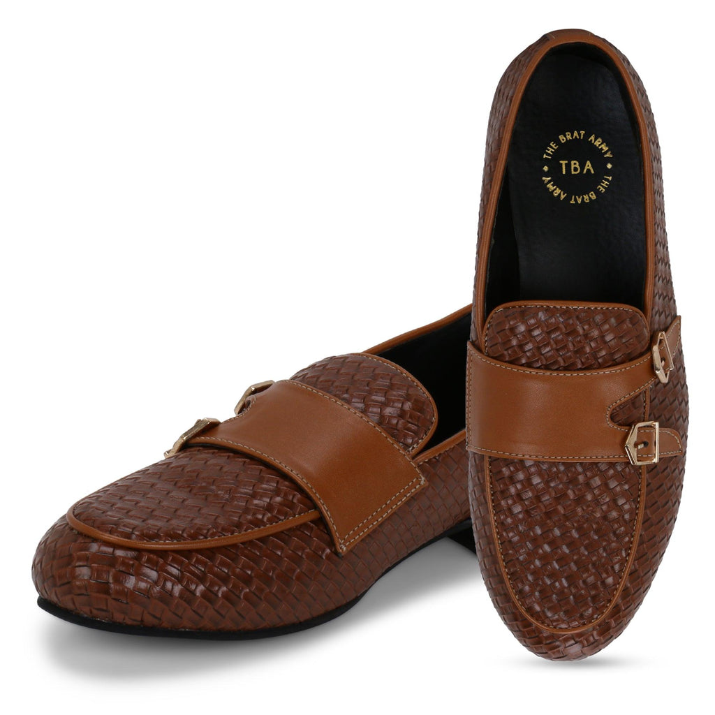 BELLO TAN BRAIDED DOUBLE MONK LOAFERS