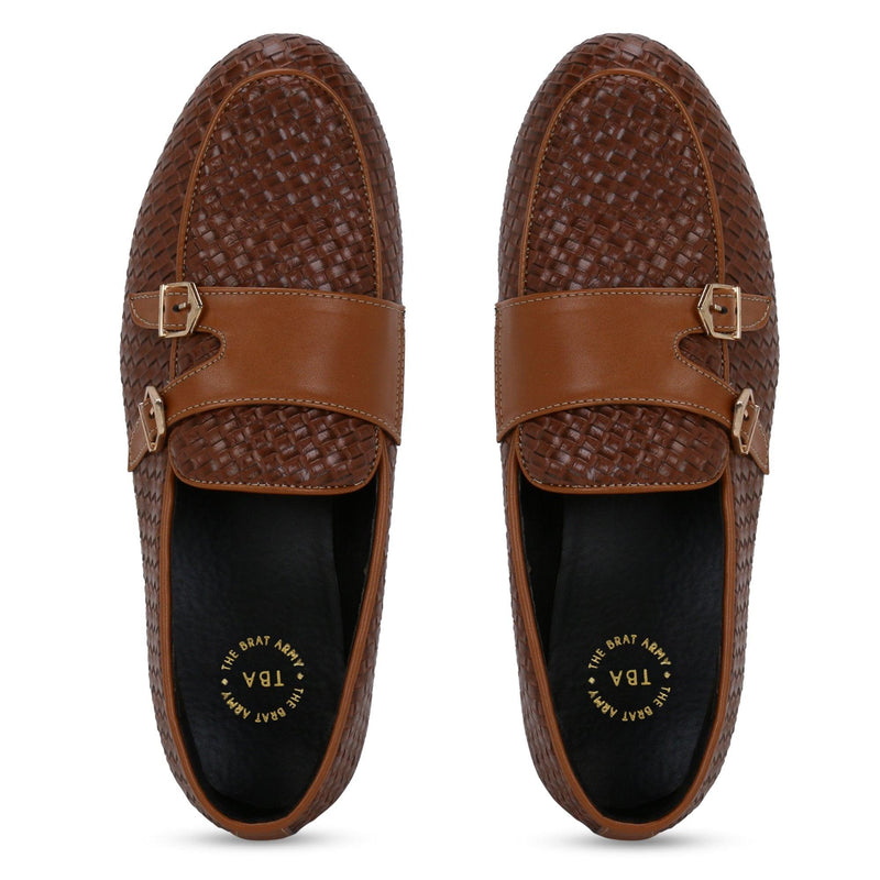Bello Tan Braided Double Monk Loafers - THE BRAT ARMY
