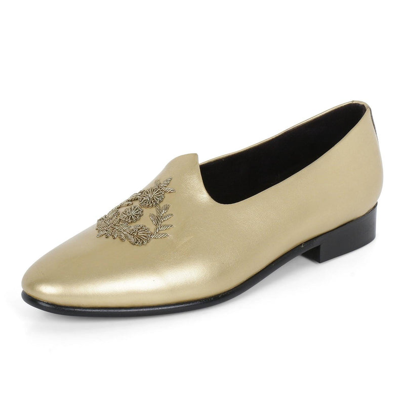 Anza Gold Hand-Embroidered Ethnic Slip-Ons - THE BRAT ARMY