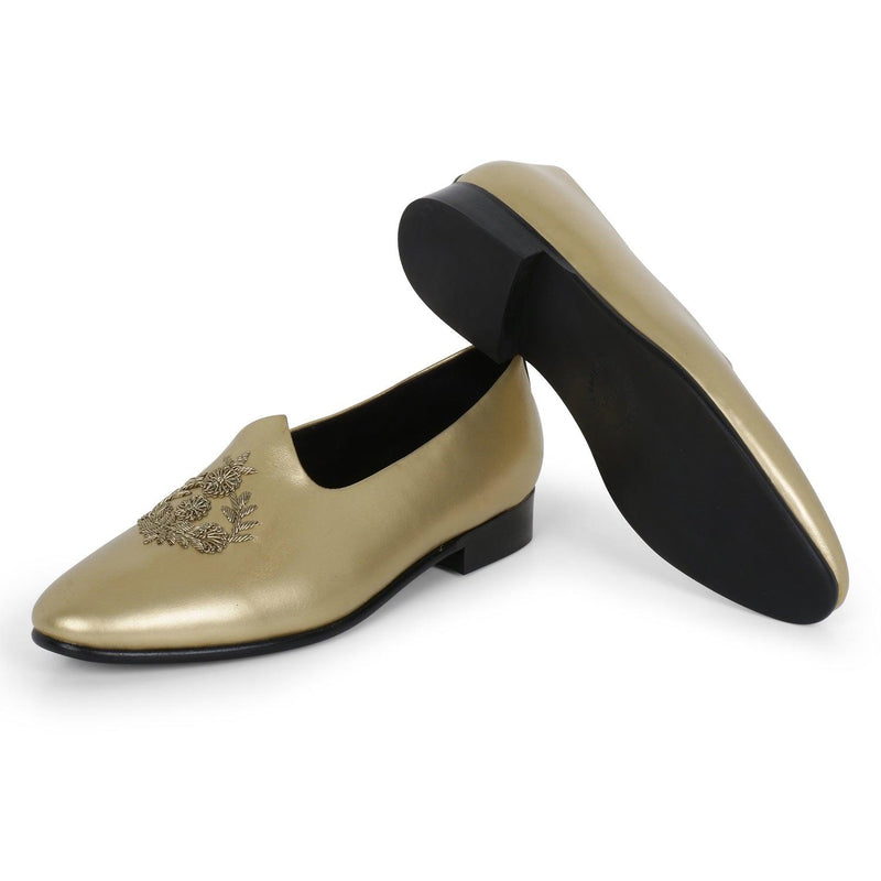 Anza Gold Hand-Embroidered Ethnic Slip-Ons - THE BRAT ARMY