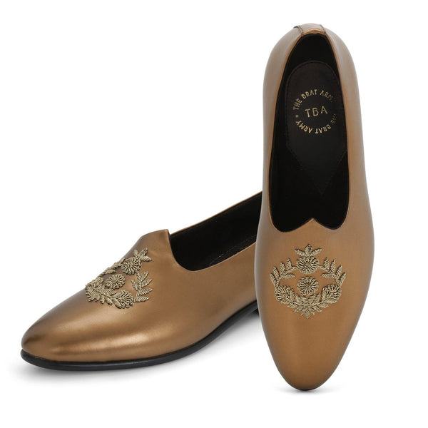 Anza Copper Hand-Embroidered Ethnic Slip-Ons - THE BRAT ARMY