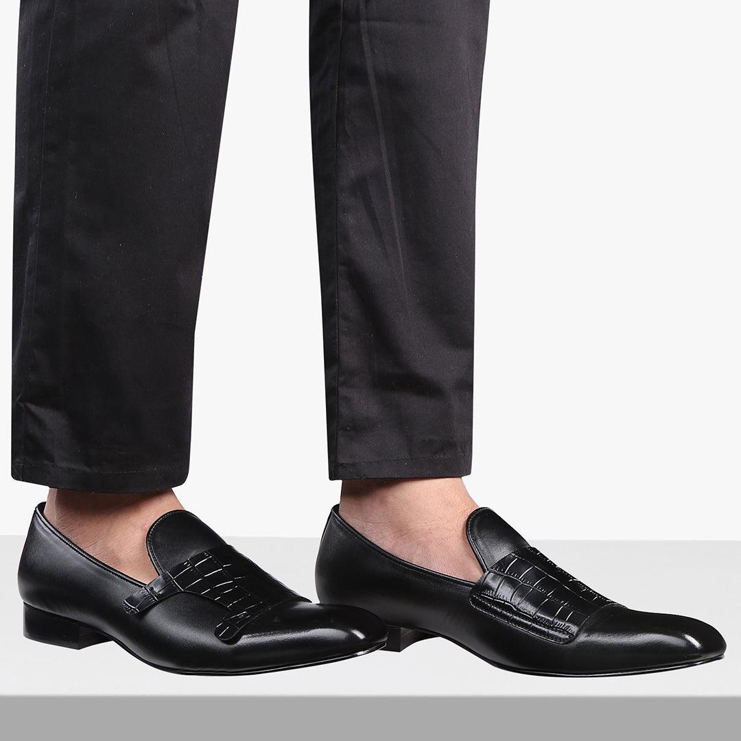 Bello Square Black Double Monk Croc Loafers