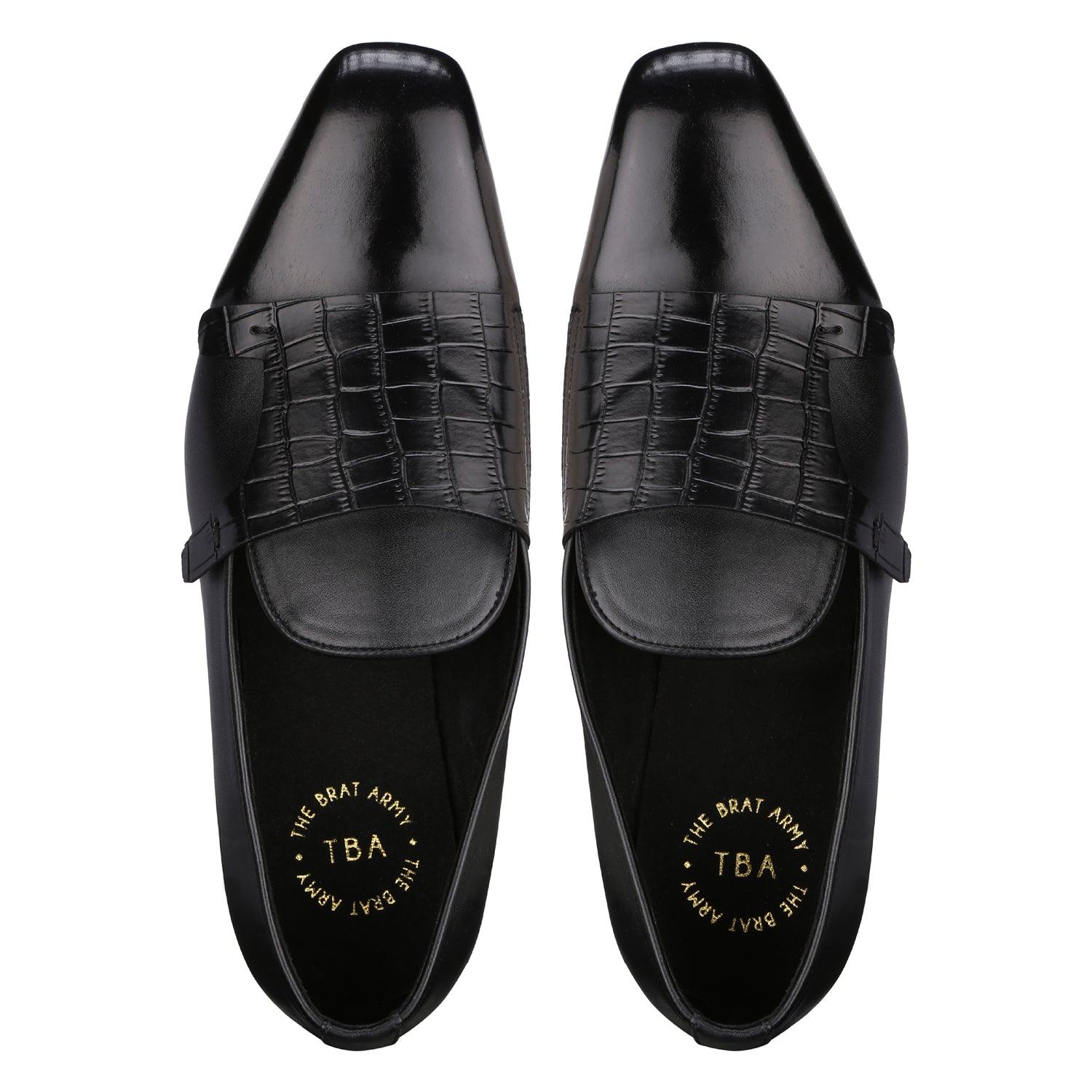 Bello Square Black Double Monk Croc Loafers