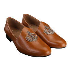 Anza Tan Hand-Embroidered Ethnic Slip-Ons - THE BRAT ARMY