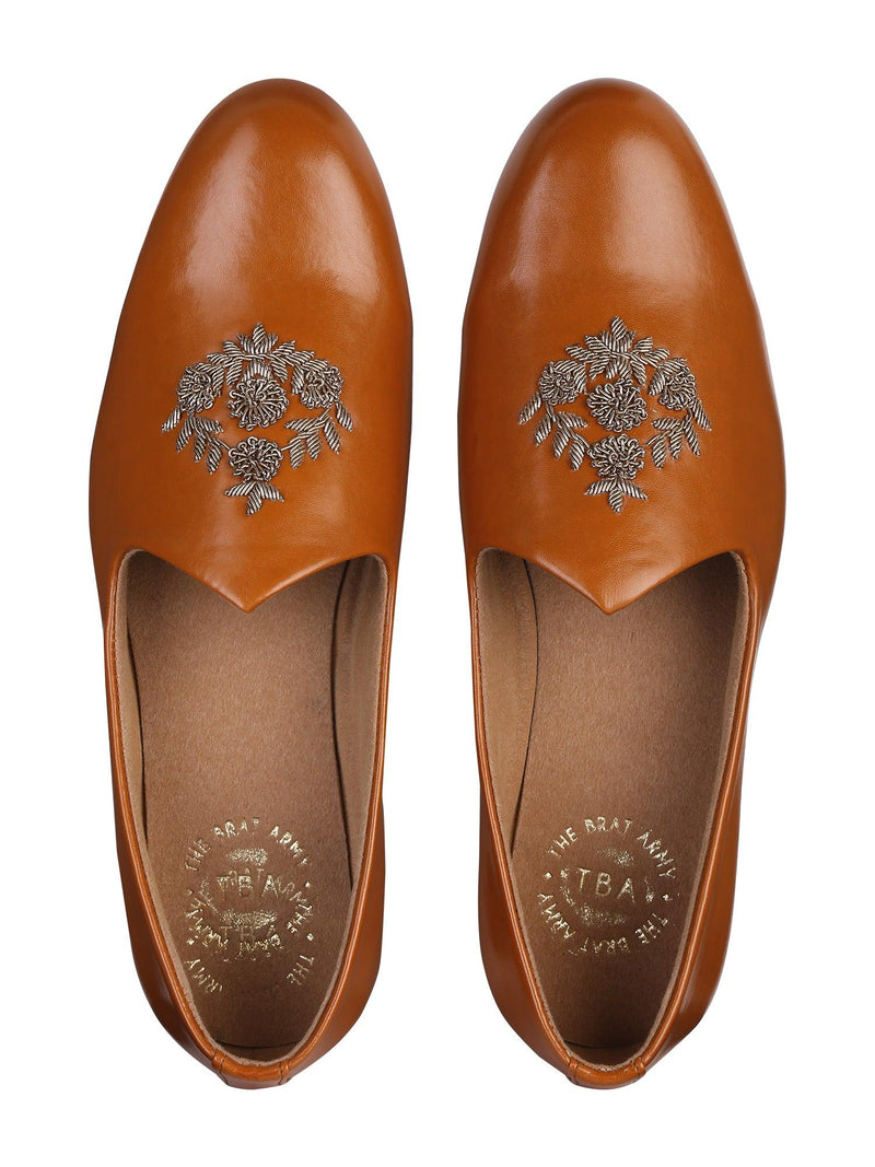 Anza Tan Hand-Embroidered Ethnic Slip-Ons - THE BRAT ARMY