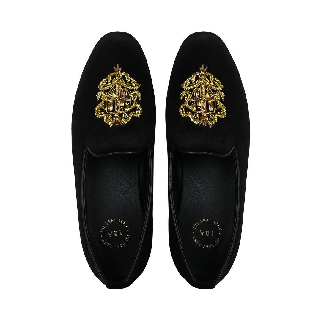 Bristol Black Velvet Hand Embroidered Slip Ons