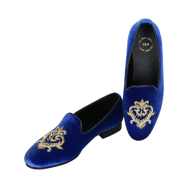 Foxford Royal Blue Velvet Hand Embroidered Slip Ons - THE BRAT ARMY