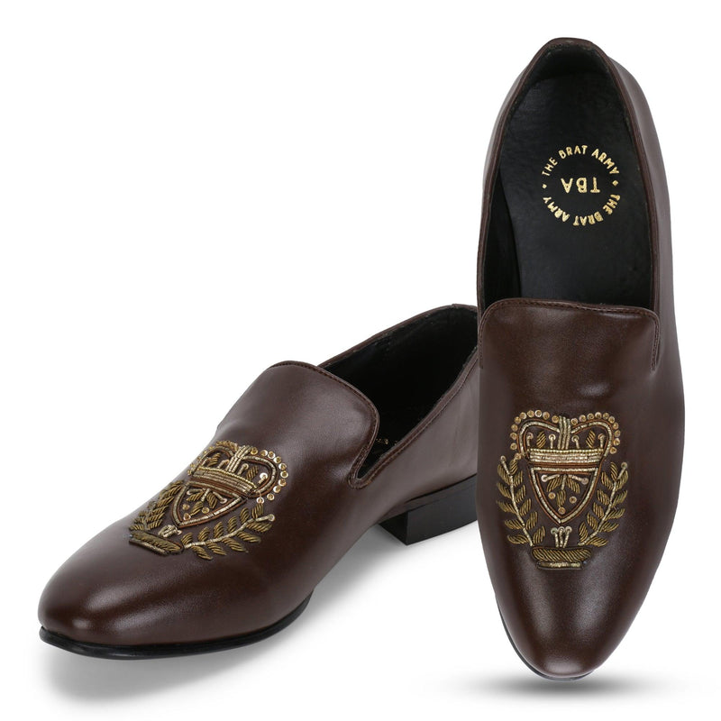 Bern Brown Hand-Embroidered Ethnic Slip-Ons - THE BRAT ARMY