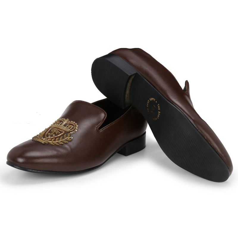 Bern Brown Hand-Embroidered Ethnic Slip-Ons - THE BRAT ARMY